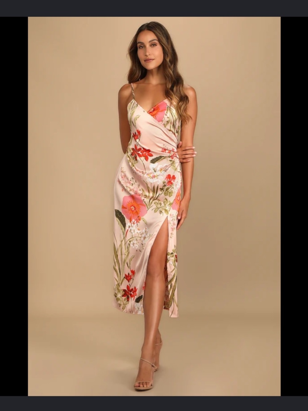 Lulus Remarkable Entrance Pink Floral Print Satin Midi Slip Dress Side Slit
